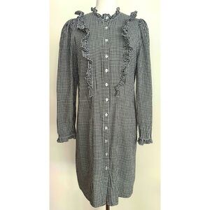 Western Gingham Check Shirt Dress Prairie Ruffle Collar Long Sleeve Size S/M